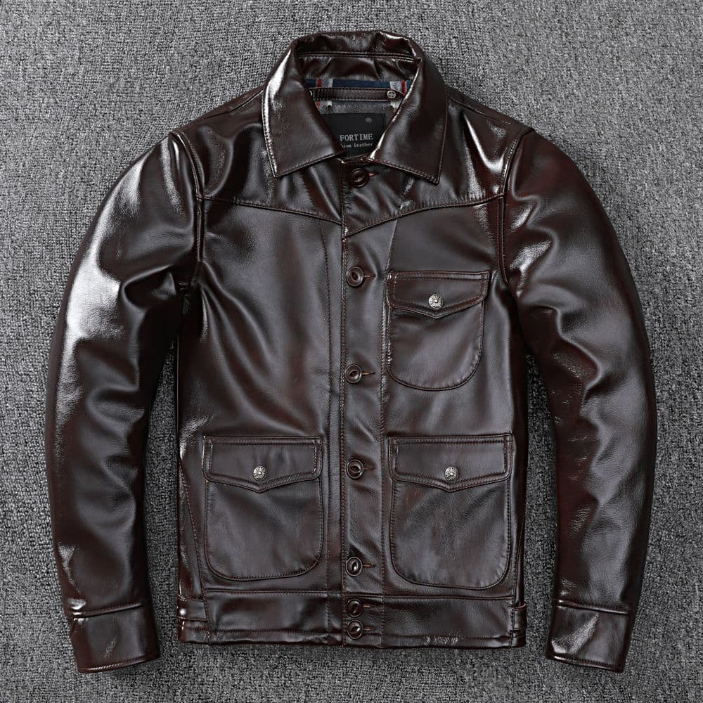 May Khaki American Oil Wax Pure Head Layer Soft Cowhide Leather Jacket Men Slim Shape Lapel Leather Jacket 4XL
