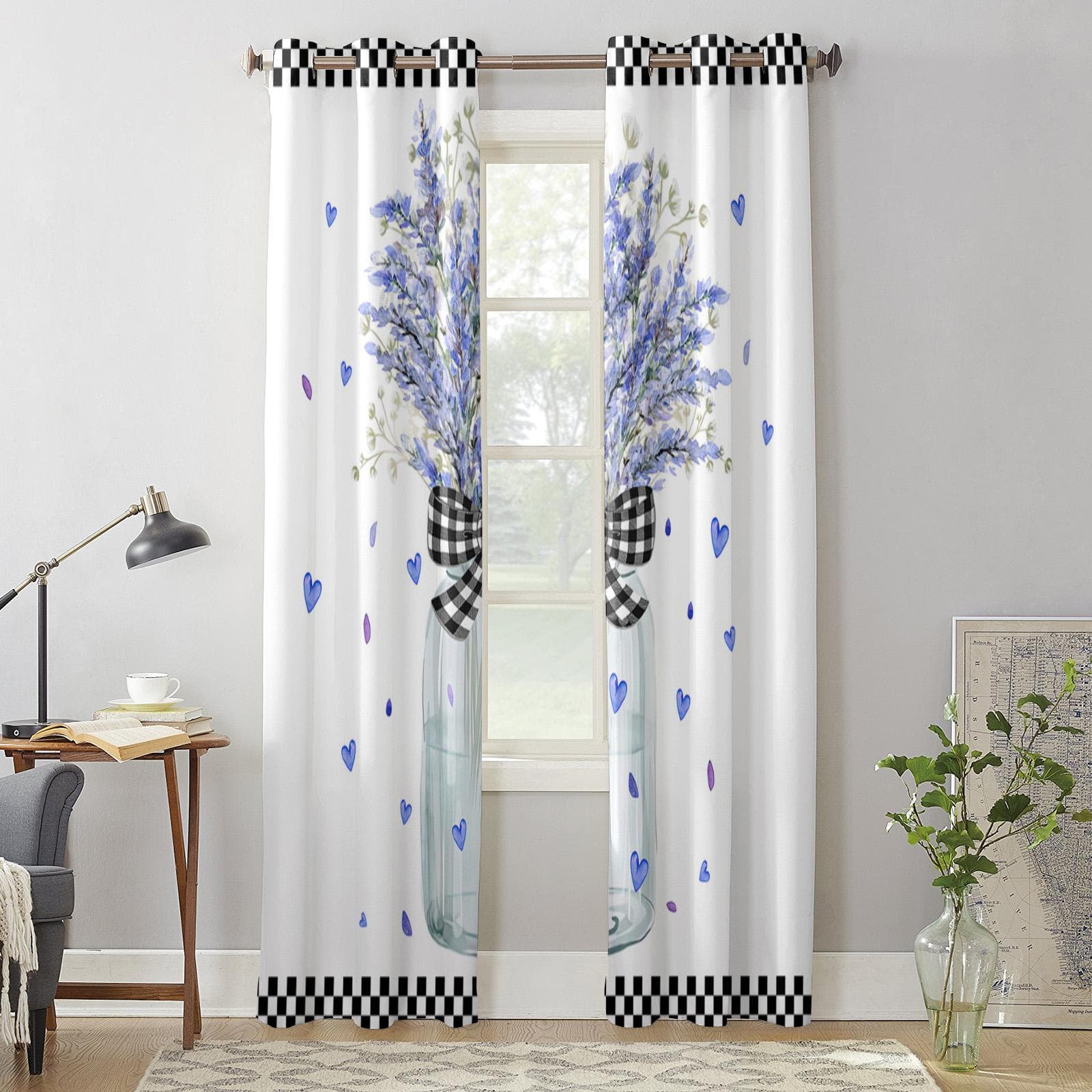 Lavender Flowers Watercolor Bottle Plaid Curtains for Bedroom Living Room Window Curtain Treatments Blinds Kitchen Decor Drapes 135W x 60H(cm) x1