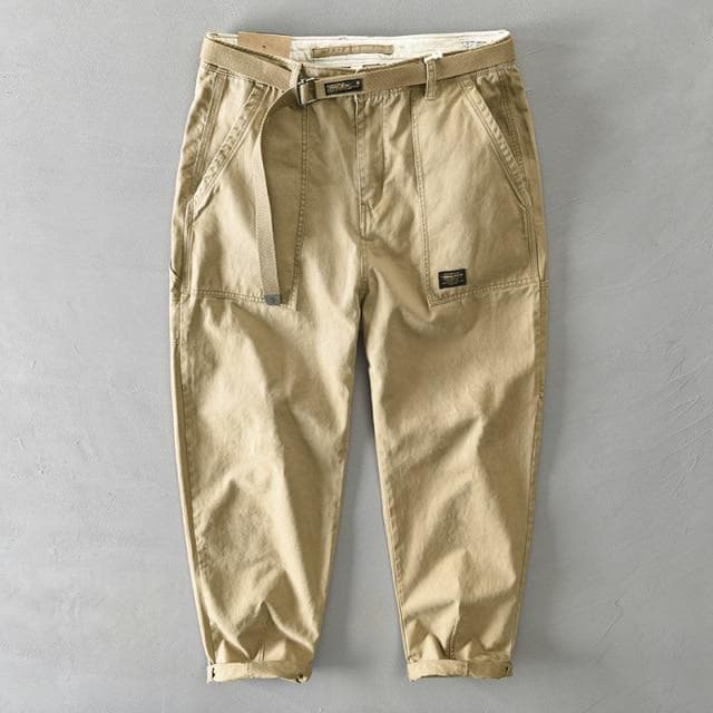 Autumn Winter Pure Cotton Men Cargo Pants Korean Style Male Casual Loose Belt Mid Waist Slim Fit Pencil Trouser 32 khaki