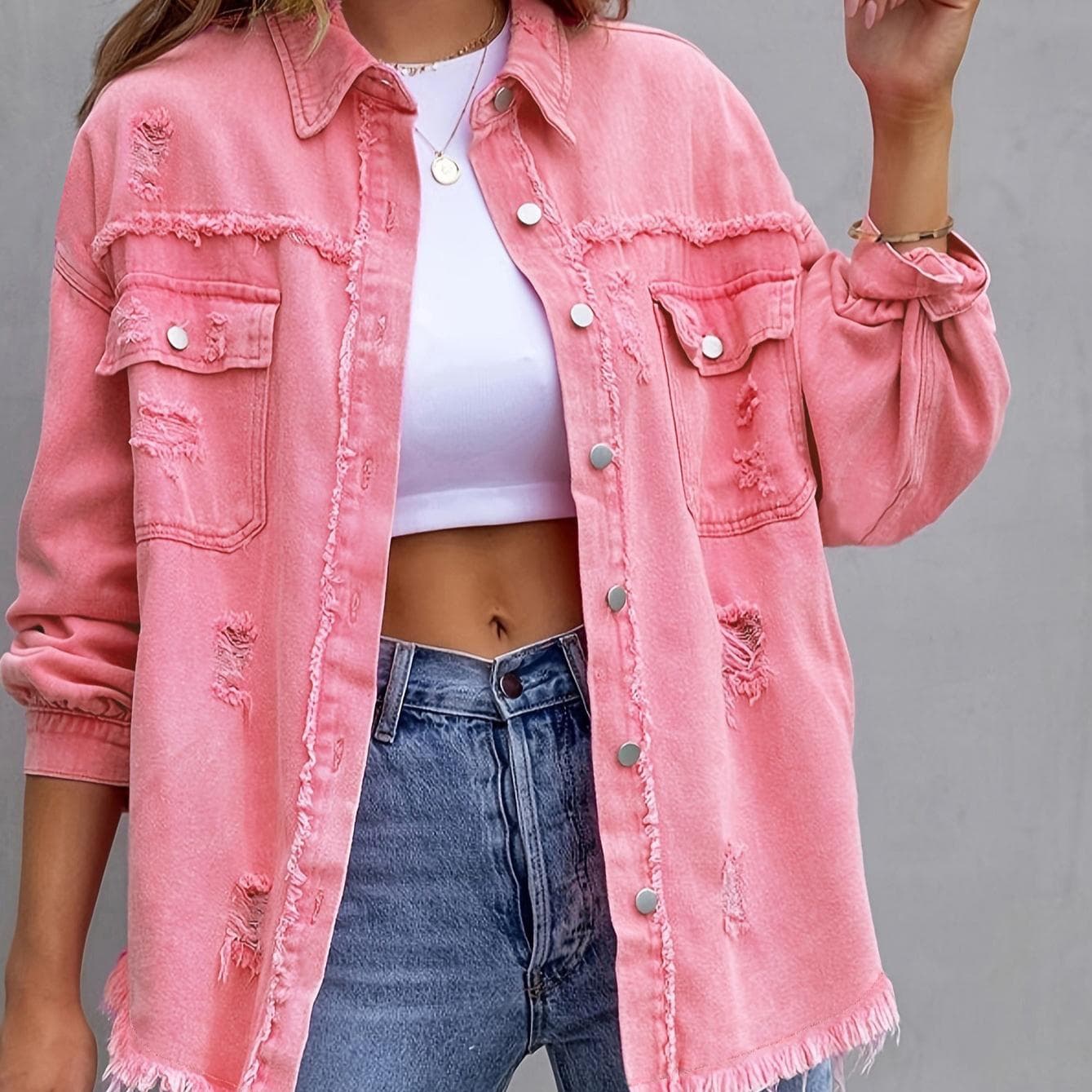 Women's Fashion Ripped Denim Women's Autumn and Winter Long-sleeved Casual Lapel Top Jacket L