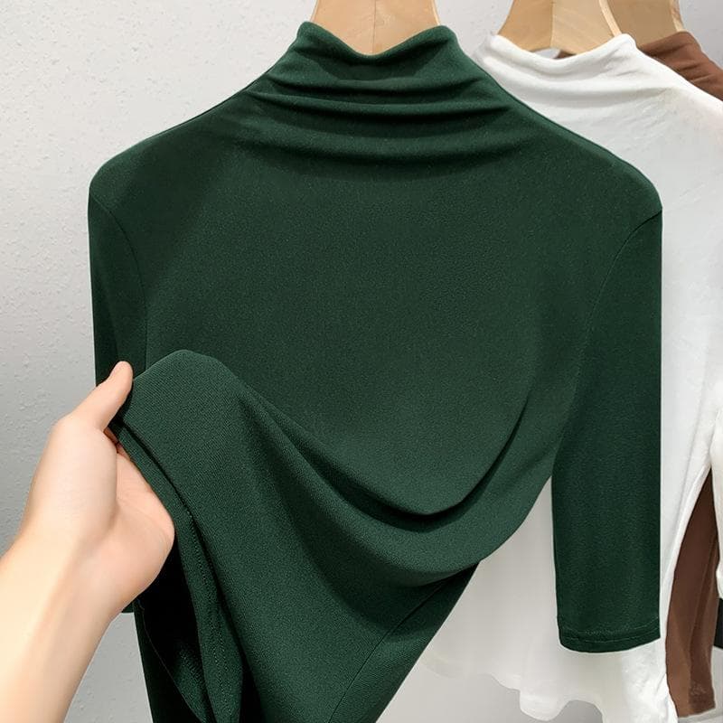 Half Turtleneck Mesh Base Shirt for Women New Women's Solid Color Inner Shirt Temperament Five-point Sleeve Top 3XL green