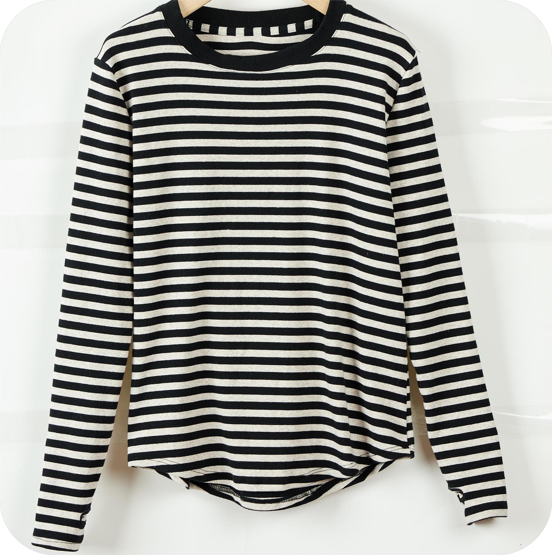 Spring and Autumn Women's Blouse Striped T-shirt Long-sleeved Tops Underneath The Bottom Shirt M black
