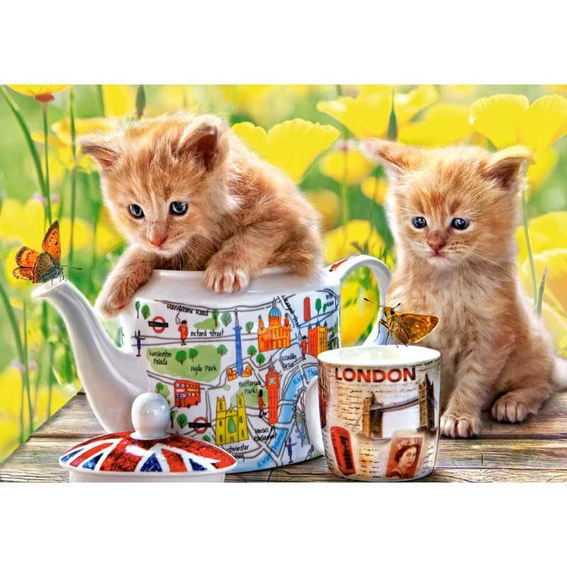 Diamond Embroidery Cats and Tea Sets Diamond Mosaic Full Round Stitch Crystal Diamond Painting 20X30CM