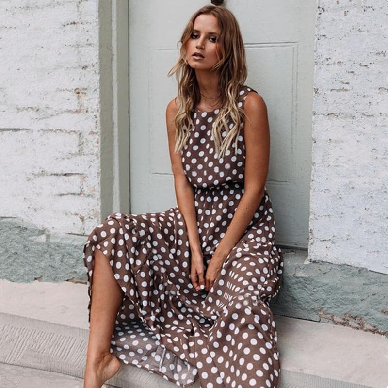 Summer Sexy O Neck Sleeveless Boho Polka Dot Print Maxi Dress New Casual Ladies Party Long Dress L coffee