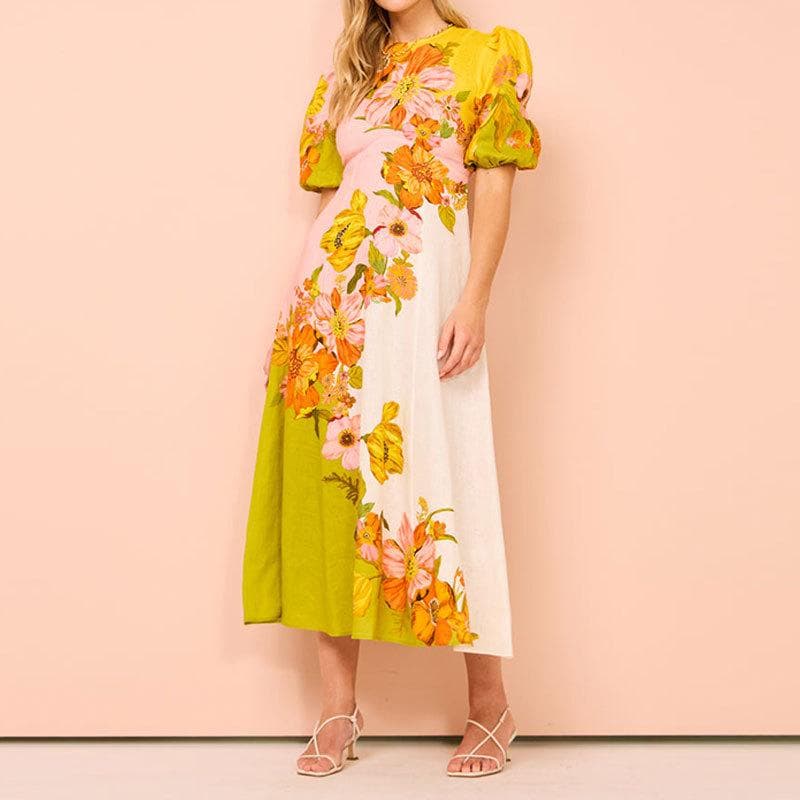 Women's Spring New Style Ethnic Style Printed Fashionable Puff Sleeve Slim Fit Dress 3XL