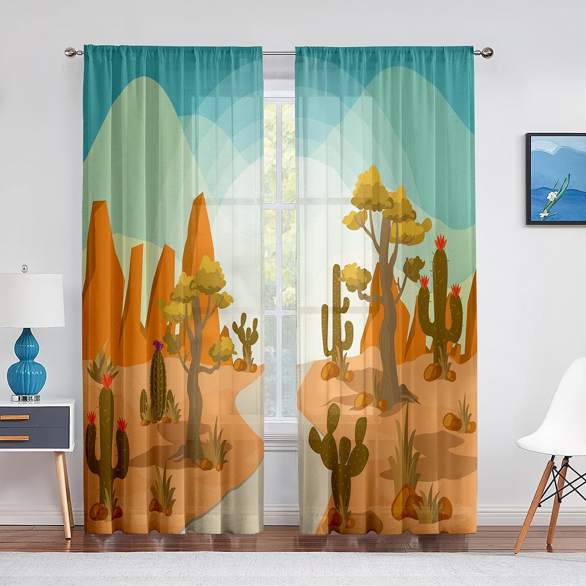 Cartoon Tropical Cactus Natural Vegetation Sheer Voile Curtains for Living Room Bedroom Kitchen Chiffon Tulle Window Curtains 1 PCS W100XH250cm&Grommet Top