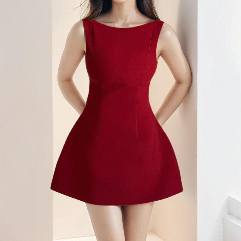 Spring New Women's Clothing Elegant and Elegant Solid Color Round Neck Sleeveless Backless Slim Dress 3XL red