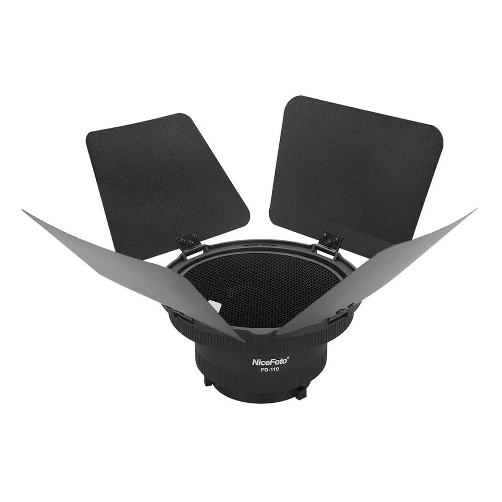 NiceFoto FD-110 Fresnel Mount Light Focusing Adapter with Lights Honeycomb Grids Barn Doors for black