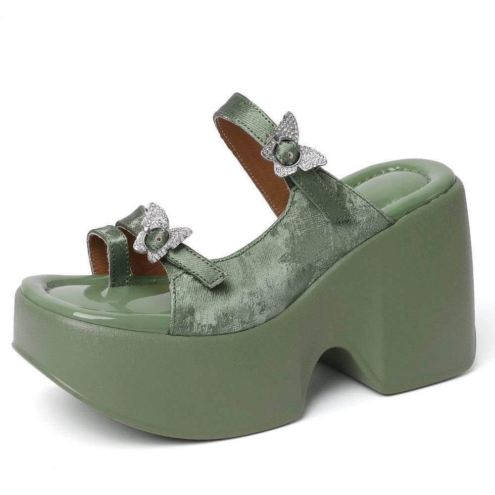 Summer France Style Outside Slim 10 CM High Heels Platform Peep Toe ButterFly Decoration Genuine Leather Women Rome Slippers 39 green
