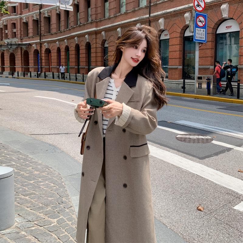 Suit Collar Windbreaker Jacket for Women Spring and Autumn New Style Light Luxury Temperament Korean Version Goddess Style Contrasting Color Coat XL