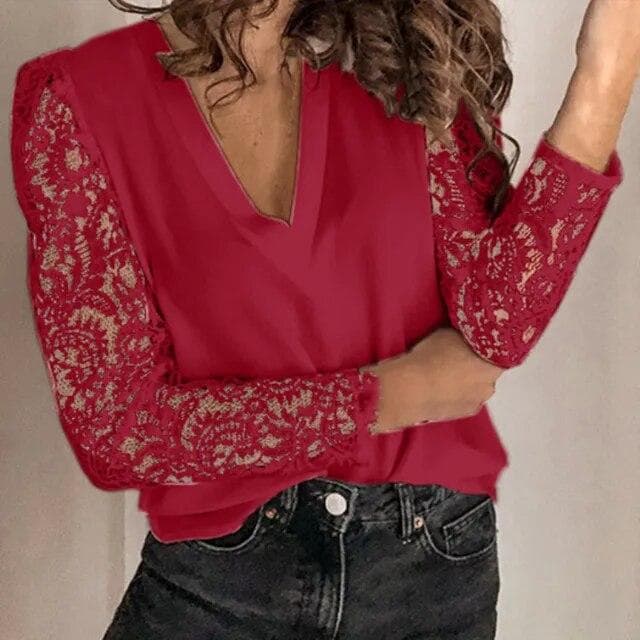 Women's Sweet Lace Spliced Long Sleeve Chiffon Shirt Autumn/Winter Office Lady Solid V-Neck Blouse Women Clothing S-5XL XXXXL red