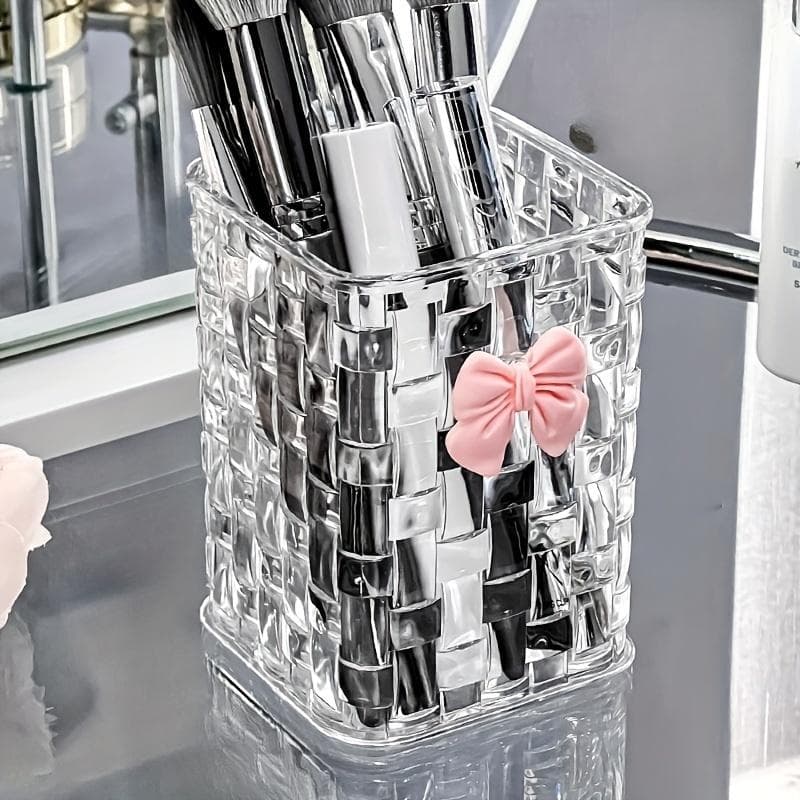1pc Clear Acrylic Desk Organizer with Bow Accent-Durable Pen Holder and Storage Basket for Office Supplies,Pens,and Accessories transparent
