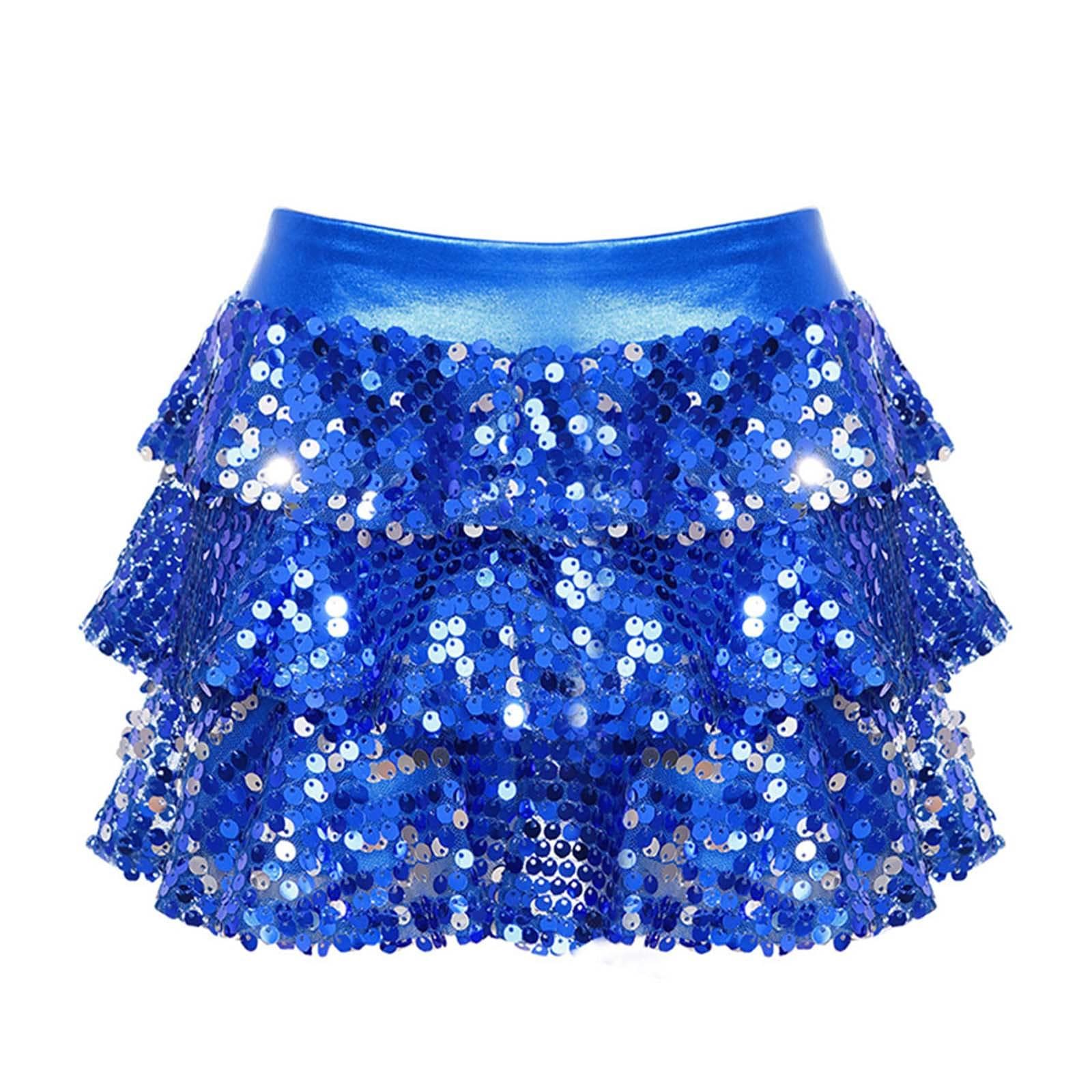 Girls Shiny Sequins Tiered Ruffle Skirted Shorts Metallic Elastic Waistband Culottes Dance Performance Costume 3-4 Years royal blue