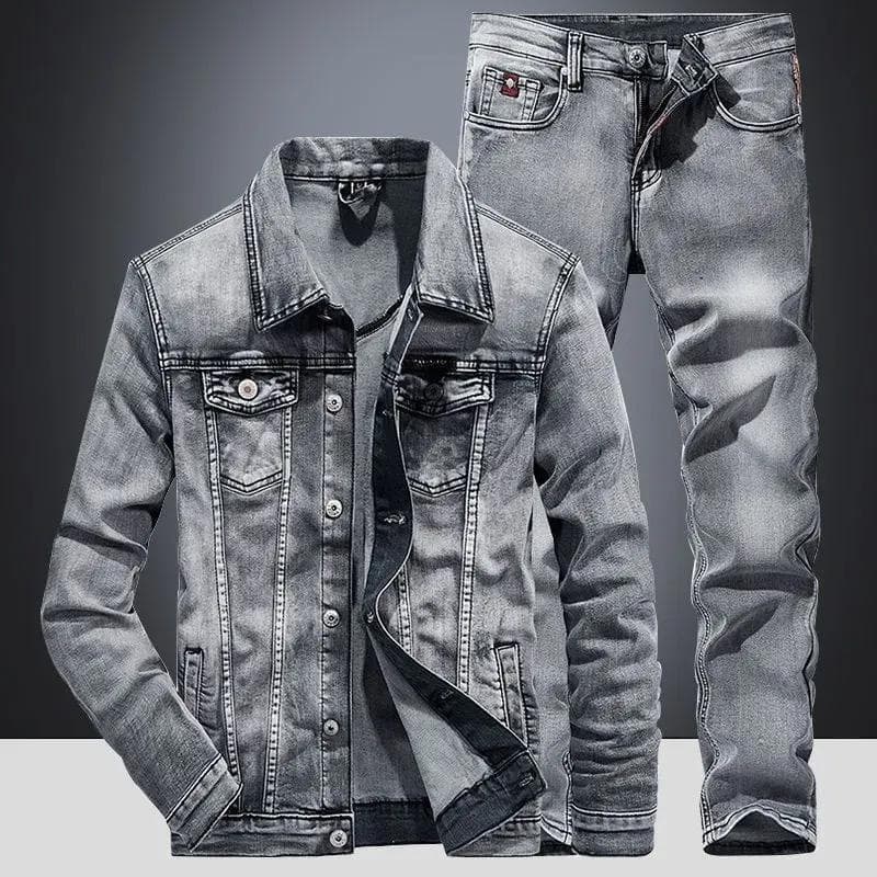 Men's Spring and Fall Denim Suit Wear-resistant Breathable Suit Denim Jacket + Jeans 2-piece Set L grey