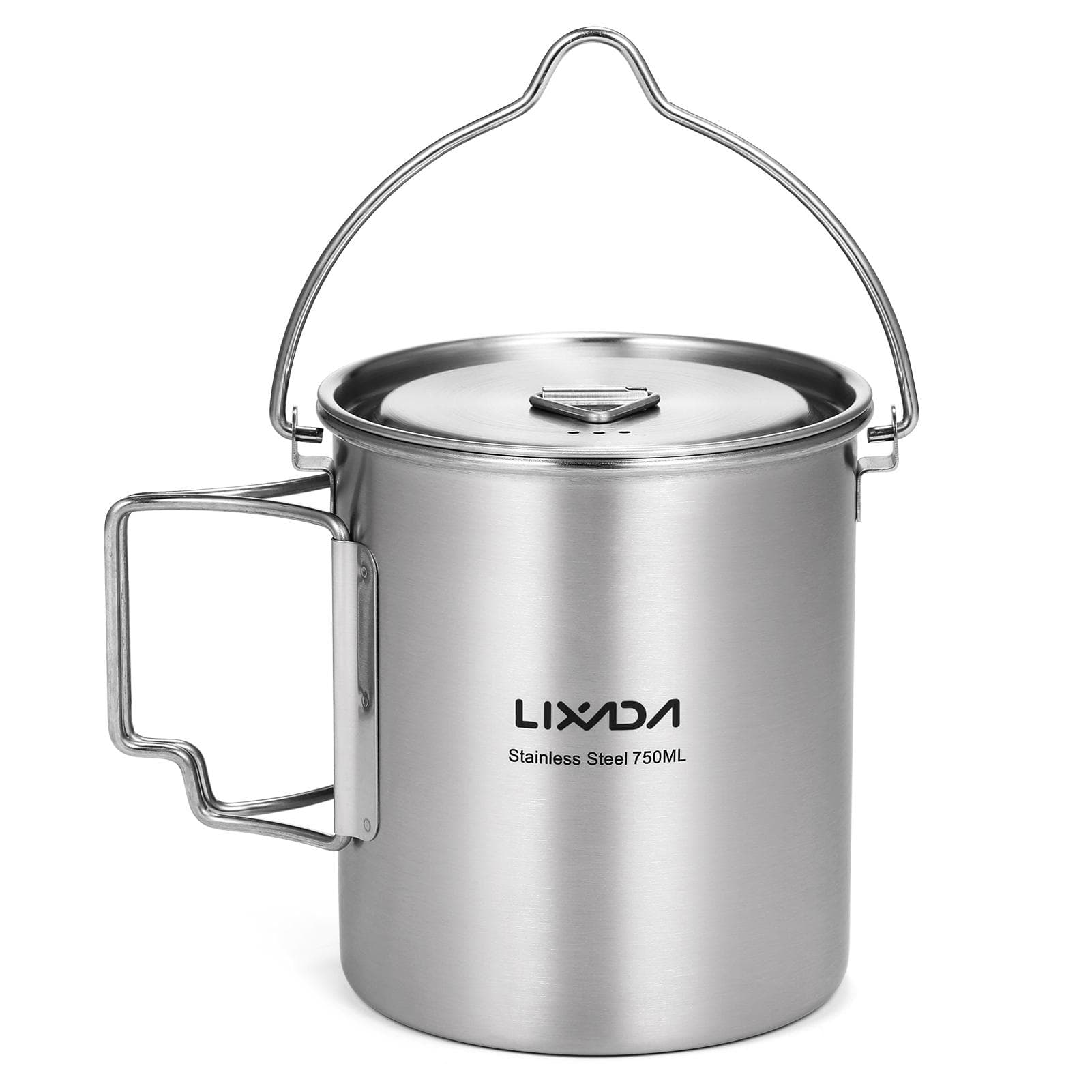 750ml Stainless Steel Pot Portable Water Mug Cup with Lid and Foldable Handle Outdoor Camping silver