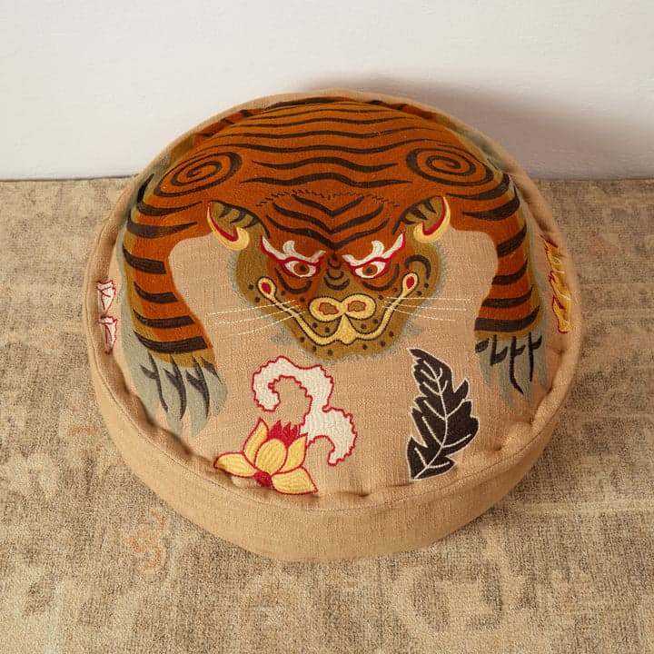 Safari Shield Embroidered Floor Pouf - Multicolor Cotton Pouffe with Polyester Filling, 60 x 20 cm 60x60x20 cm