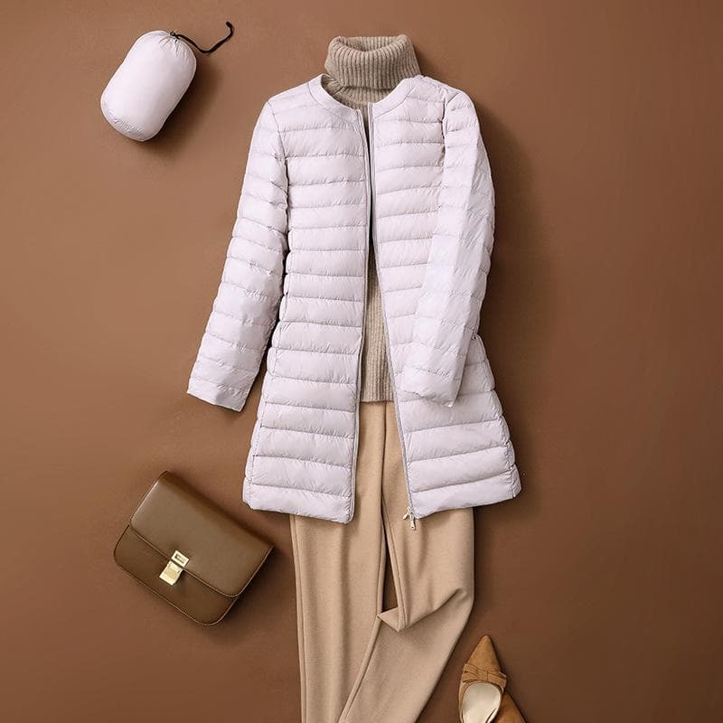 Autumn Winter Ultralight Women Long Duck Down Coats Korean Style O-Neck Feather Lining Collarless Puffer Outwear S beige