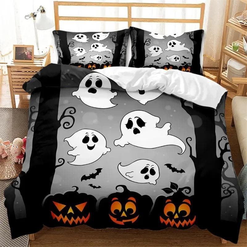Cartoon Pumpkin Duvet Cover Gothic Halloween Skull Bedding Set Polyester Lantern Ghost Comforter Cover King For Boys Girls Decor 135X200cm
