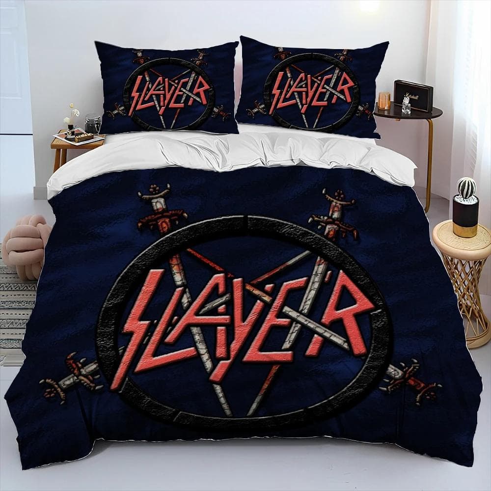 Slayer Heavy Metal Band Music Comforter Bedding Set,Duvet Cover Bed Set Quilt Cover Pillowcase,king Queen Size Bedding Set Kids EU Twin 135x200cm