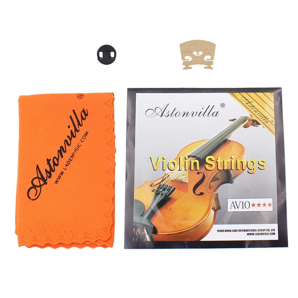 Violin 4in1 Set of Strings/Rubber Mute/Maple 4/4 Bridge/Cleaning Cloth New