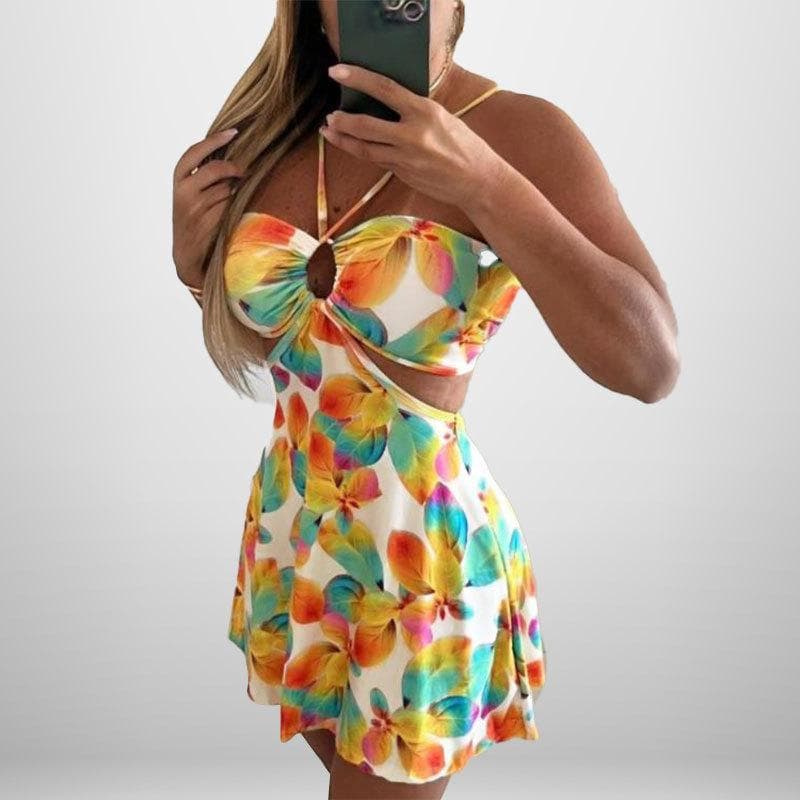 New Stylish and Elegant Printed Halter Neck Sleeveless Sexy Waist Hollow Vacation Dress 3XL