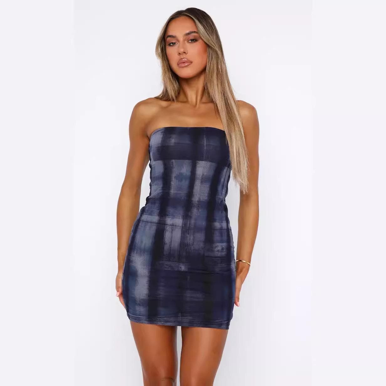 Women's Summer New Printed One-length Strapless Waistband and Hip Dress XL