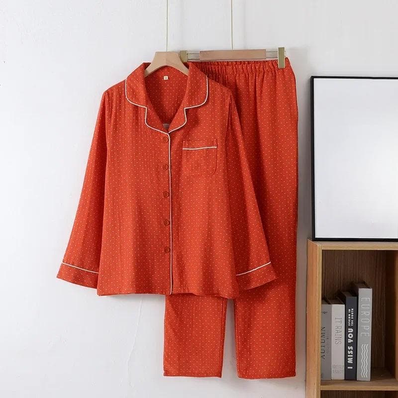 Unprinted Red Cotton Spring and Autumn Women's Thin Home Clothes Long Sleeved Long Trousers Loose Comfortable Pajamas Set XL red