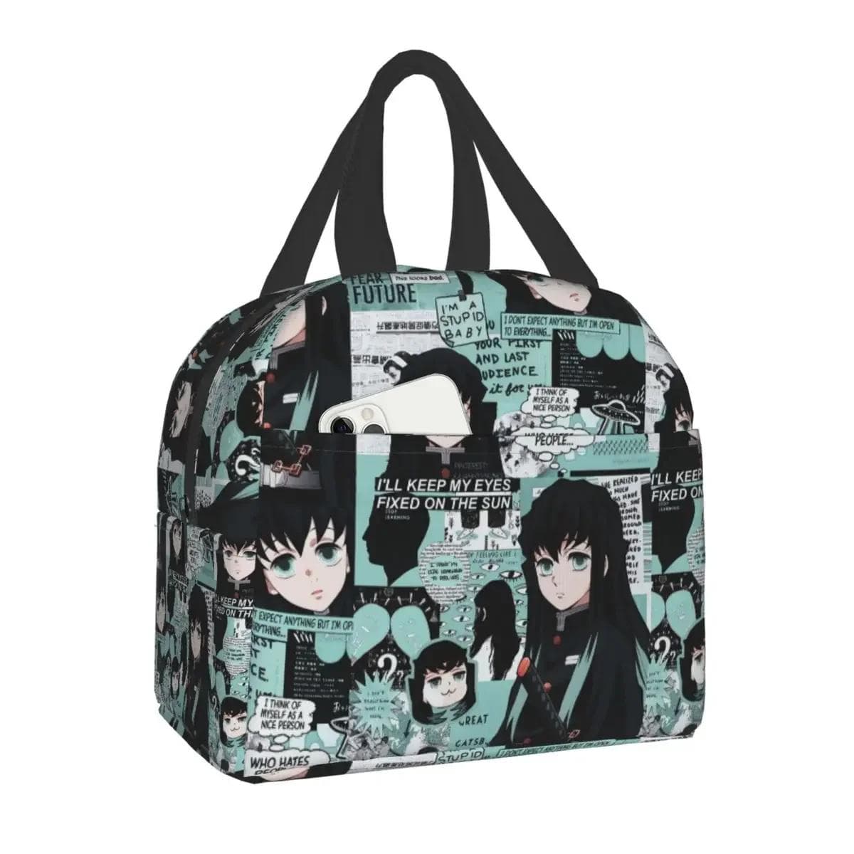 Cute Anime Muichiro Tokito Insulated Lunch Bag for Women Kimetsu No Yaiba Cooler Thermal Bento Box School Food Storage Bag 22x20x13CM beige