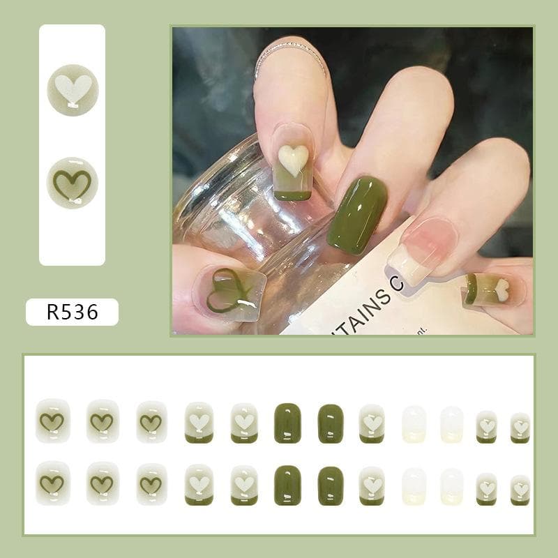 24 Pieces Summer New Short Nail Art Tablets Wear Nail Green Natural Fresh Love Premium Fake Nail