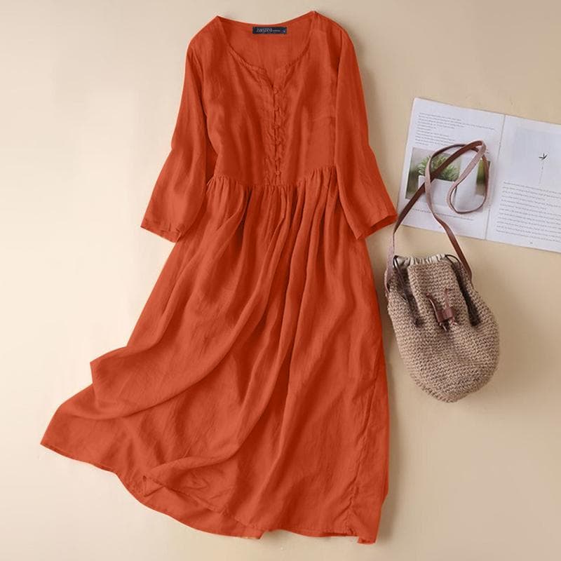 ZANZEA Women Casual O-neck Long Sleeve Summer Cotton Dress 4XL orange