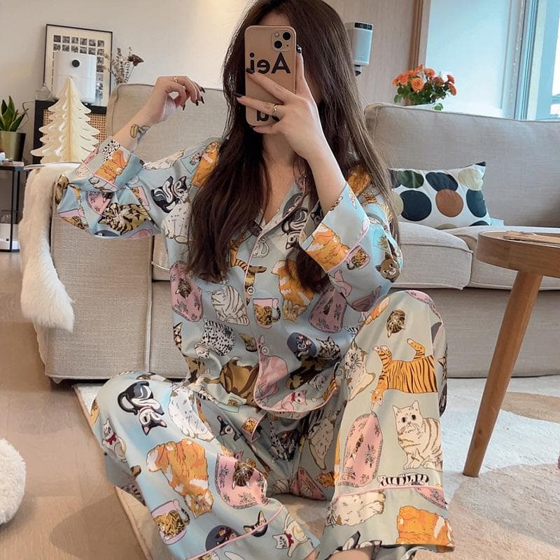 High-End Green Floral Lapel Pajamas Set for Women M (80-100 jin)