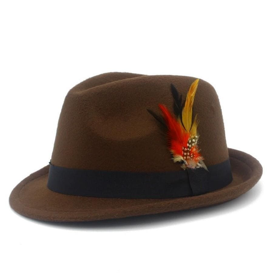 European and American Style Woolen   Women's Autumn and Winter Fashion Feather Show Hats Men's Jazz Hats 58cm chocolate