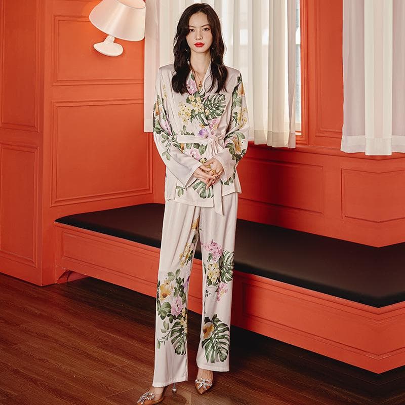Printed Long Sleeved Cardigan Pant Pajamas Women Sexy Women Bathrobe Kimono Gown Loose Casual Sleepwear Intimate Lingerie Pijama XL beige