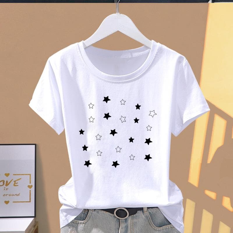 Asian Size-Print Star Watercolor Trend Cute Graphic Tee Ladies Female T Clothing Casual Women's Summer Top Fashion Short Sleeve T-shirt 2XL