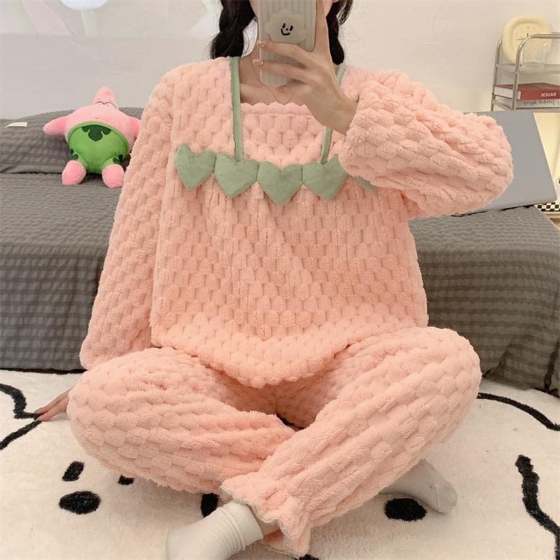 Women's Winter Sweet Flannel Lace Pajamas Princess Style Warm Long Sleeves Long Pants Home Clothes Square Neck Pajamas Set 2XL