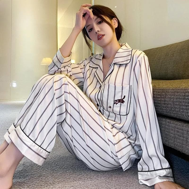Pajamas Women's Autumn Winter New Ice Silk Long Sleeve Striped Printed Suit Spring and Autumn Korean Casual Home Clothes XL white
