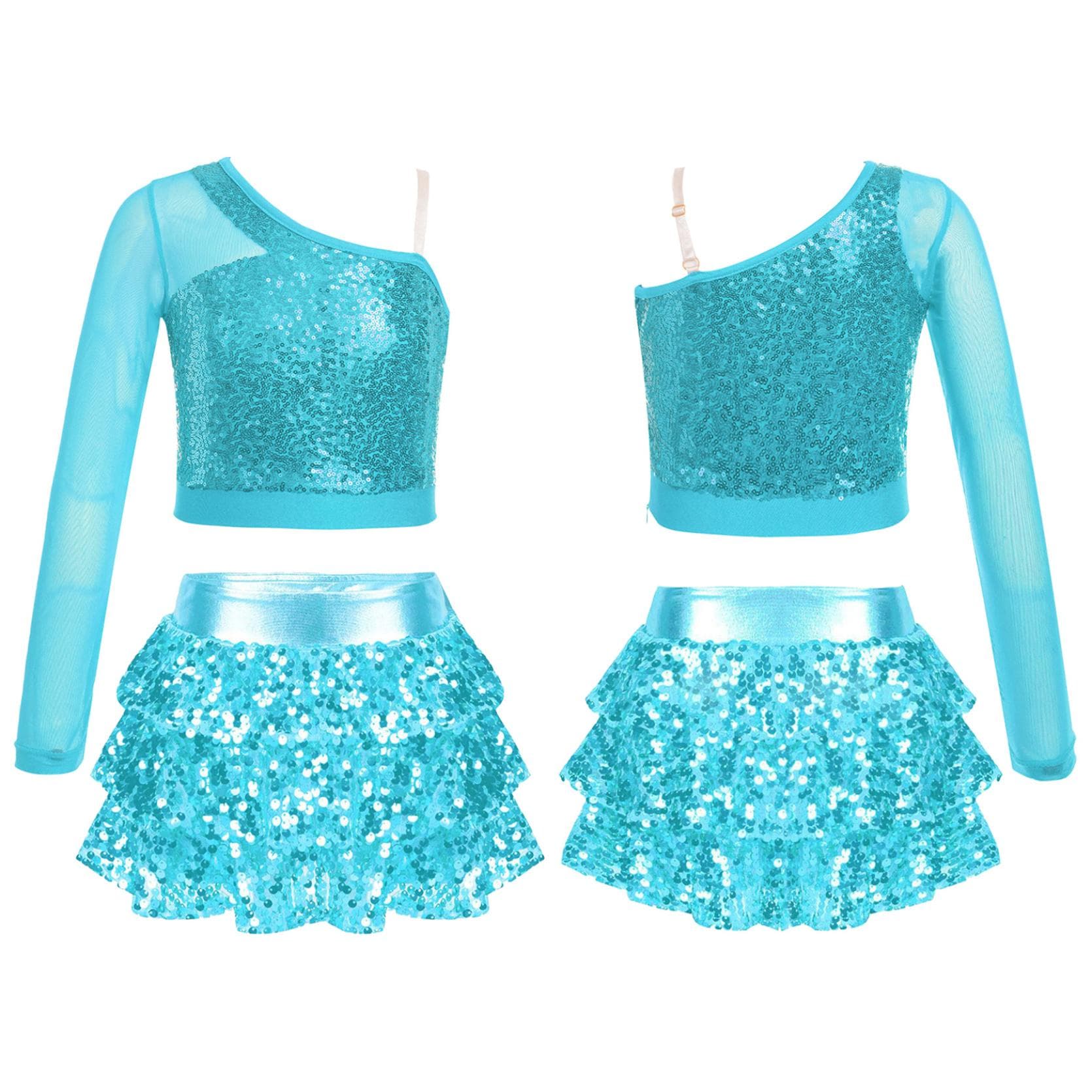 Kids Girls Dance Stage Performance Costume Sparkly Sequins Long Sleeve One Shoulder Top with Tiered Ruffle Skirted Shorts 13-14 Years