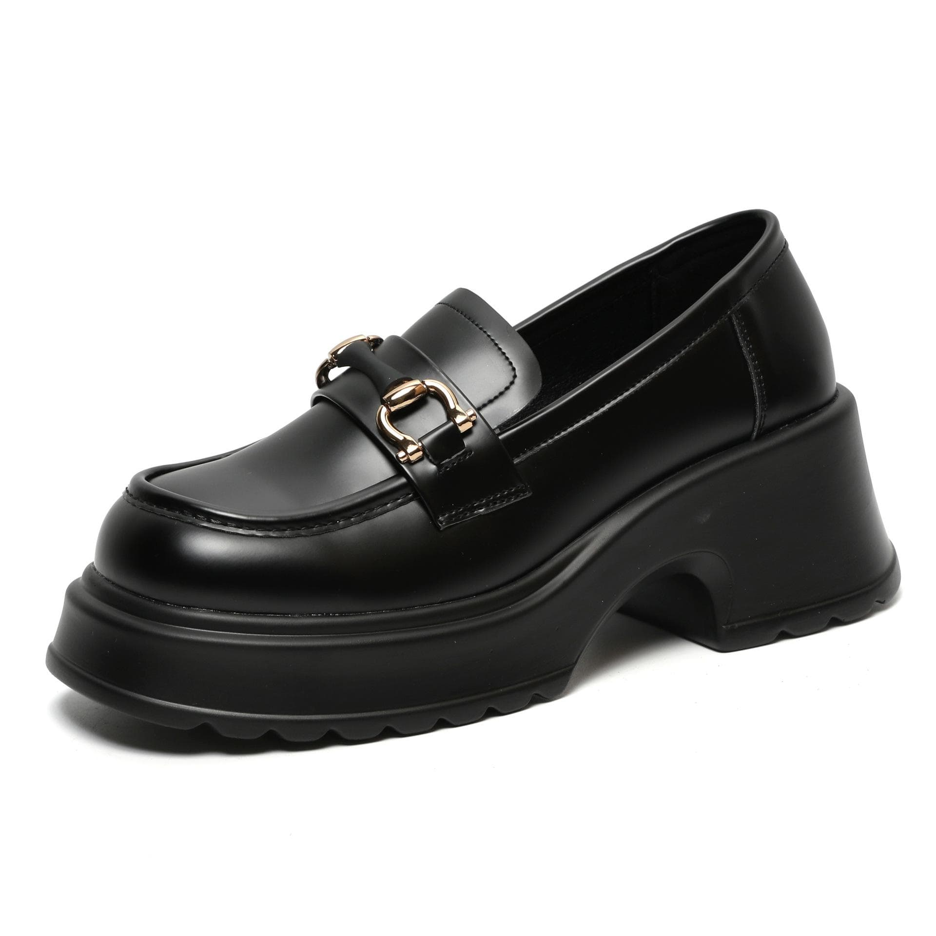 Spring New Leather Fashion Round Toe Comfortable Thick Medium Heel Thick Bottom Loafers Single Shoes 40 black