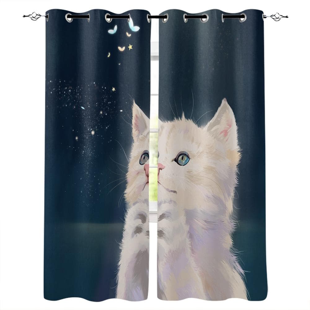 Cute Animal Pictures Fishing Cats Moon Window Curtains Curtains for Living Room Decorative Items Living Room 135W x 60H(cm)