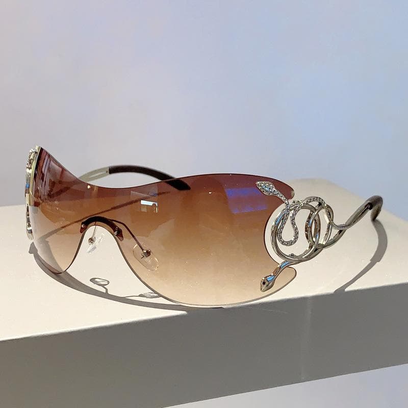 Y2K Luxury Designer Sunglasses Women Men Rimless Oversized Trendy Metal Snake Pink Punk Shades One Piece