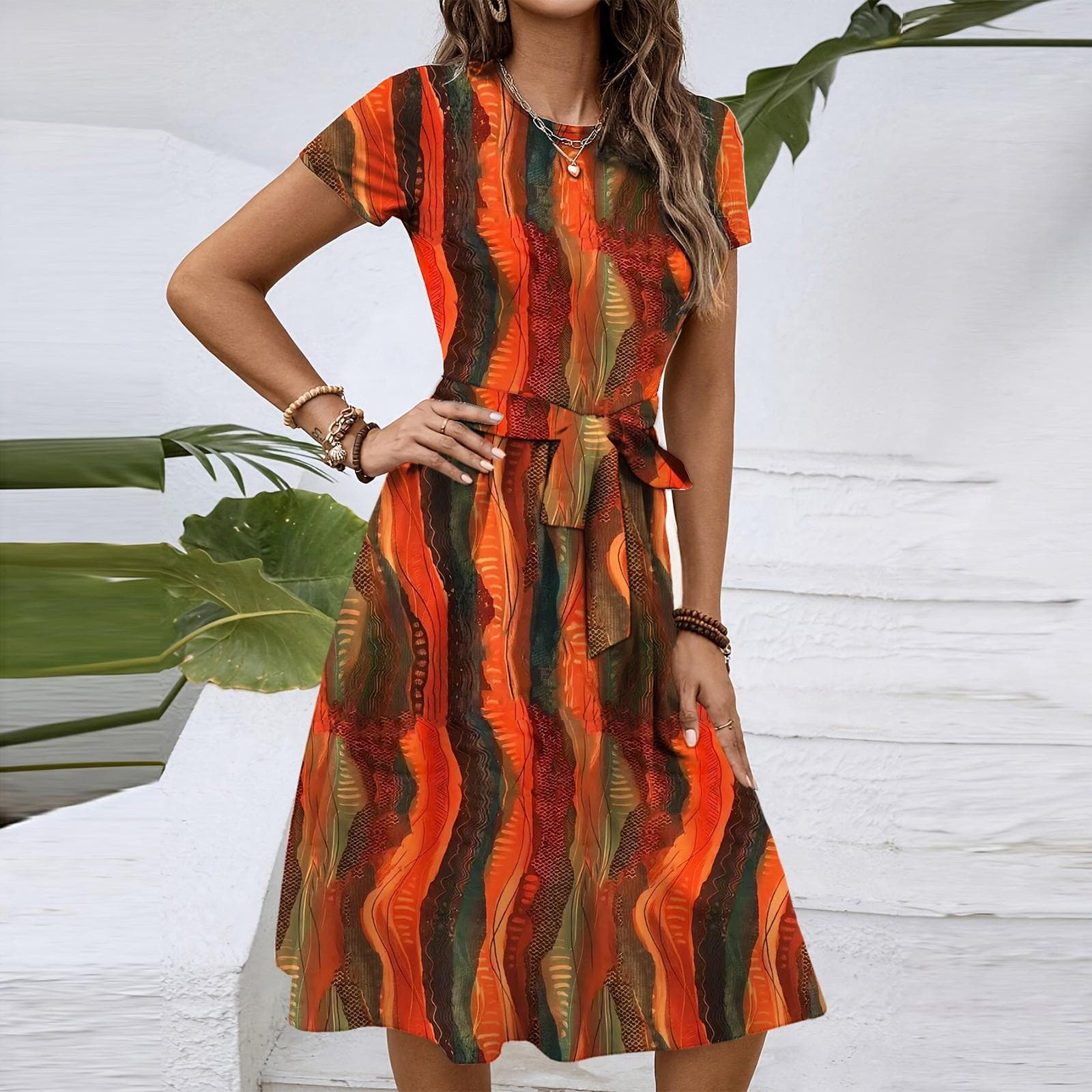 Women's Fashionable Retro Patterned Printing Color Blocked Belt Casual Dress XXL saffron