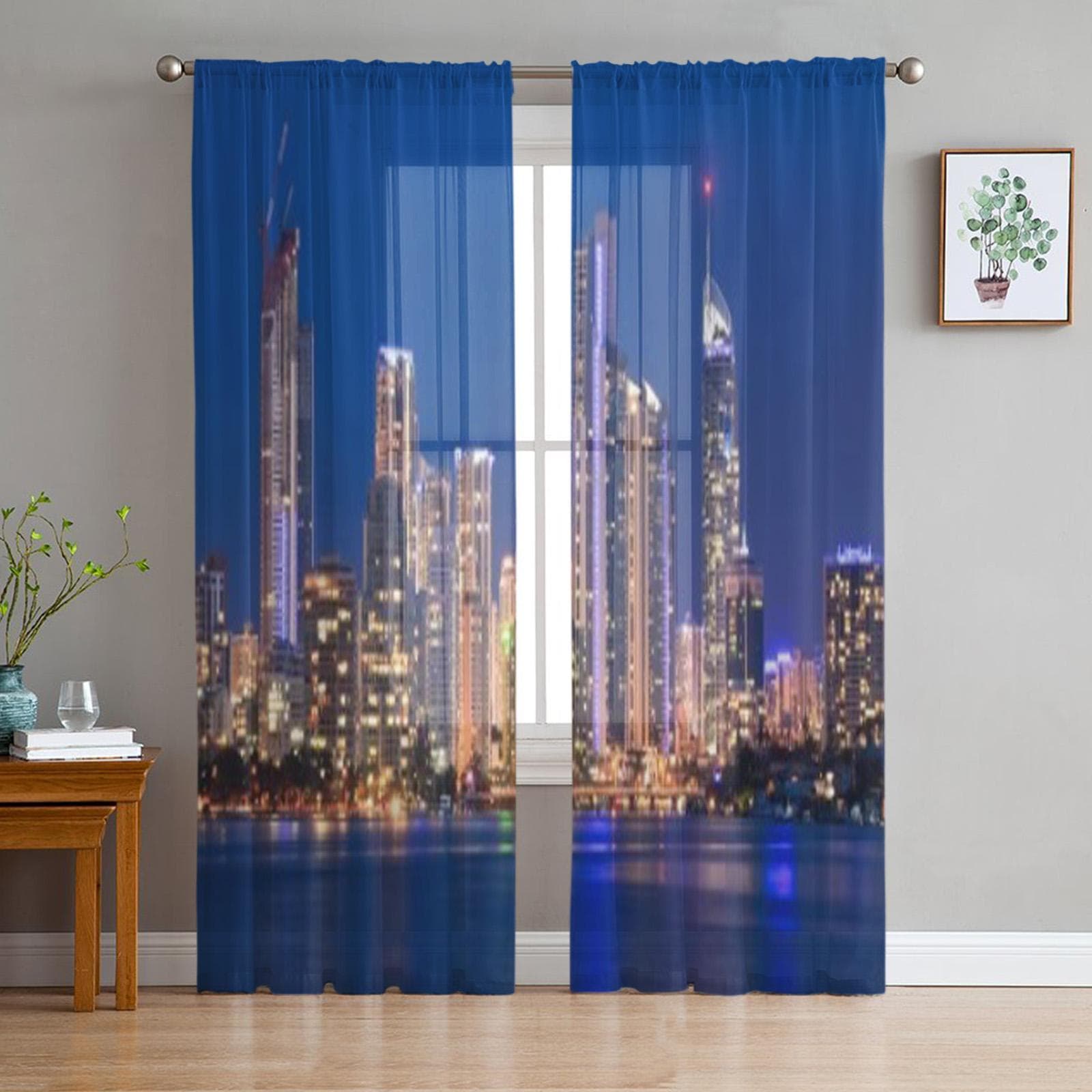 View On Surfers Paradise At Night Sheer Curtains for Living Room Transparent Tulle Window Curtain Bedroom Kitchen Veil Drapes 135W x 114H(cm)