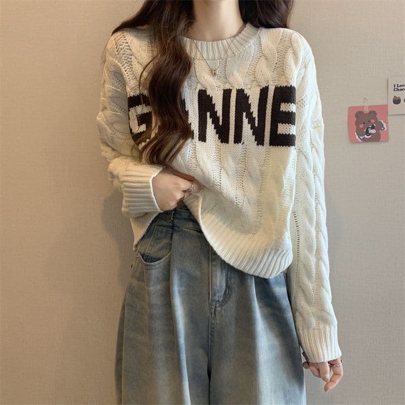 Sweet Cool Crewneck Twist Sweater Women's Design Sense Niche Lettering Loose Cropped Top XL apricot