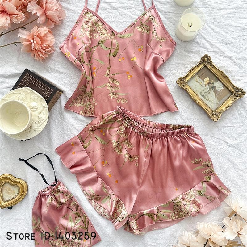 New Female 4PCS Pajamas Set Spring Summer Satin Sleepwear Intimate Lingerie Print Cherry Flower Nightgown Loose Home Clothes L