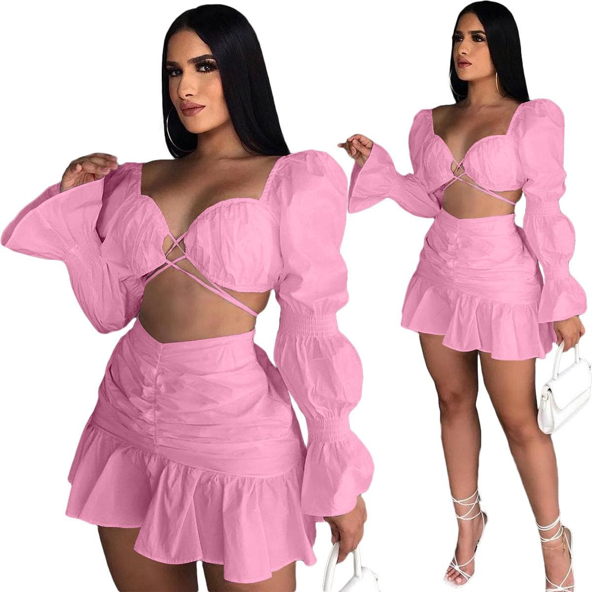 Women Skirts Set Solid Bandage Puff Sleeve Crop Tops Mini Skirt Two 2 Piece Sets Sexy Night Clubwear Fashion Outfit Fall XL