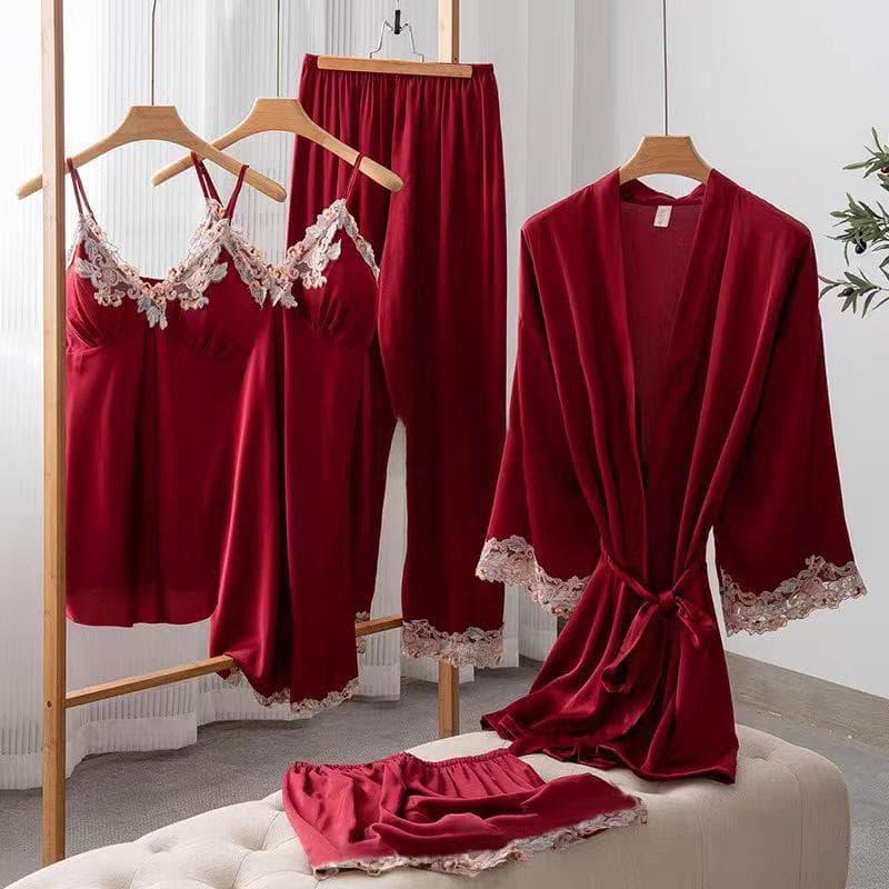 Ice Silk Pajamas Female Spring and Fall Long-sleeved Robe Sexy with Corset Pads Halter Nightgown Pajama Pants 5-piece Set M red