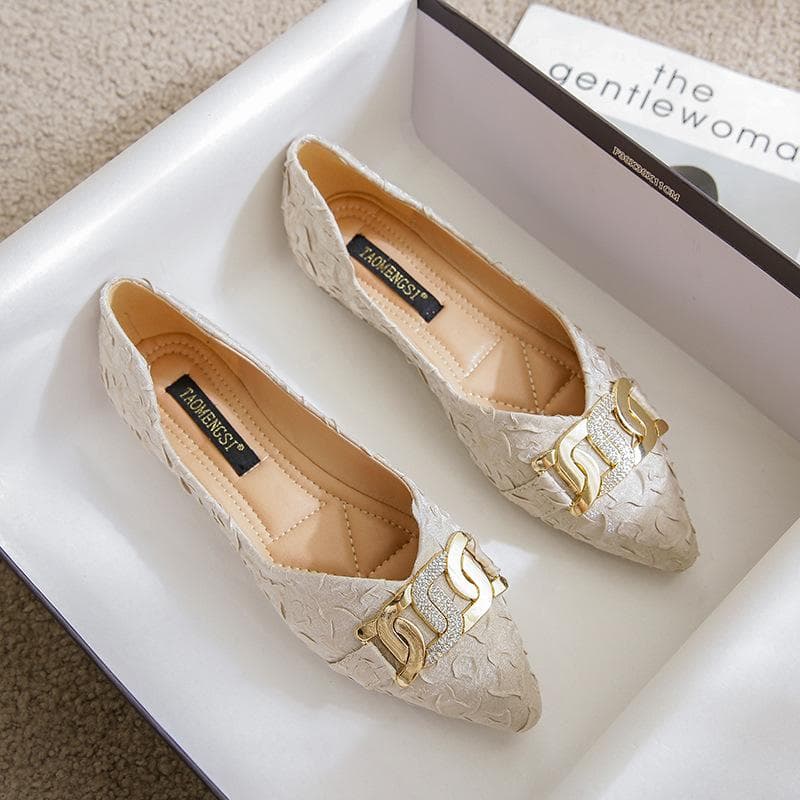 New Metal Money String Buckle Rhinestone Press Pleated Satin Shallow Mouth Pointed Toe Single Shoes Flat Bottom Pregnant Woman Scoop Shoes Women 33
