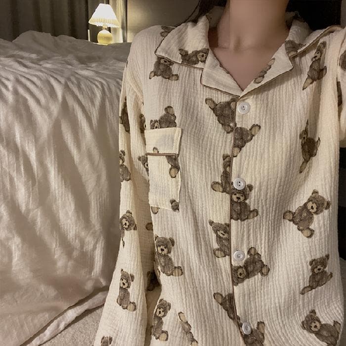 Spring New Ladies Pajamas Set Bear Cherry Printed Crepe Cotton Gauze Turn-down Collar Long-sleeve Trousers Household Wear XXL