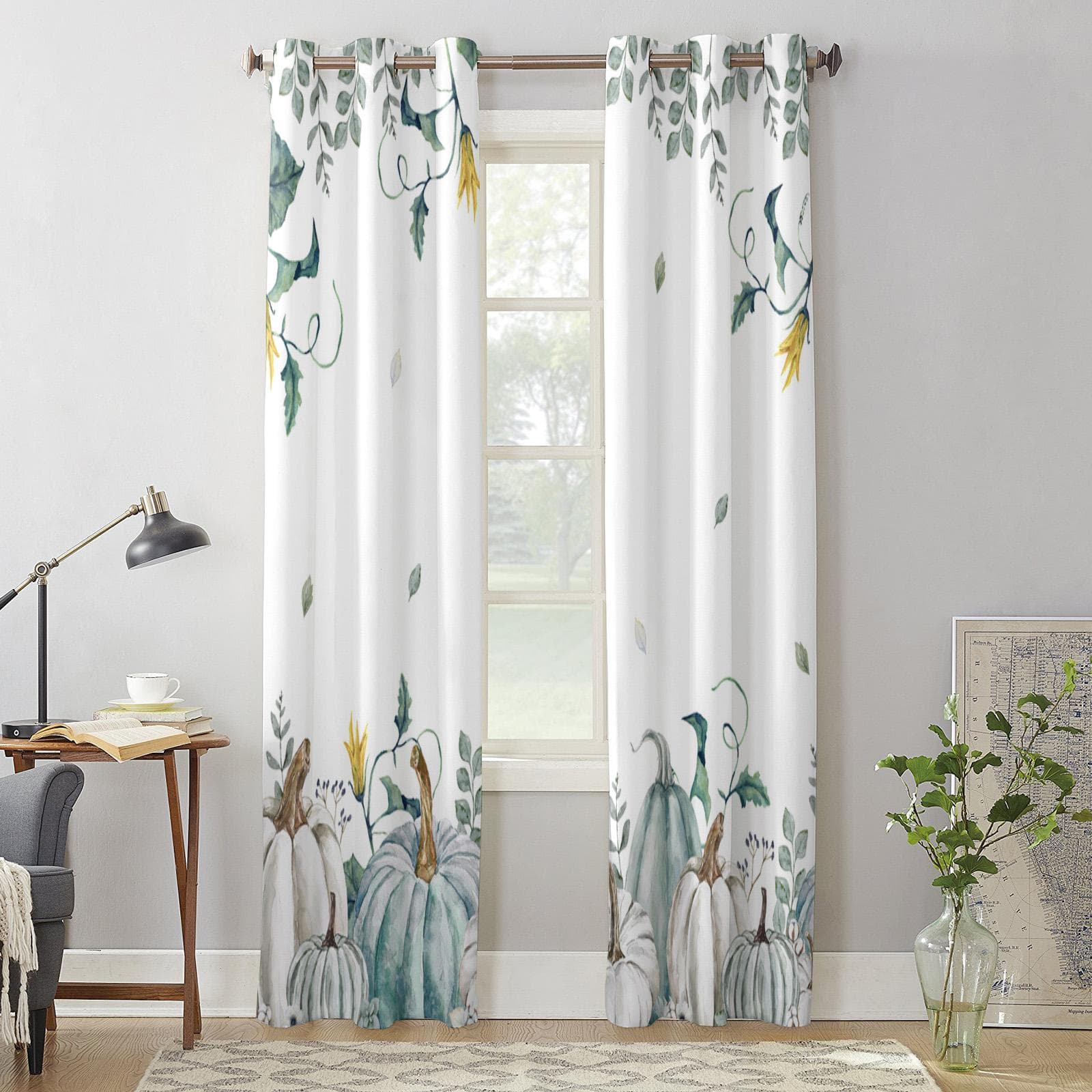Thanksgiving Pumpkin Autumn Eucalyptus Curtains for Bedroom Living Room Window Curtain Treatments Blinds Kitchen Decor Drapes 135W x 60H(cm) x1