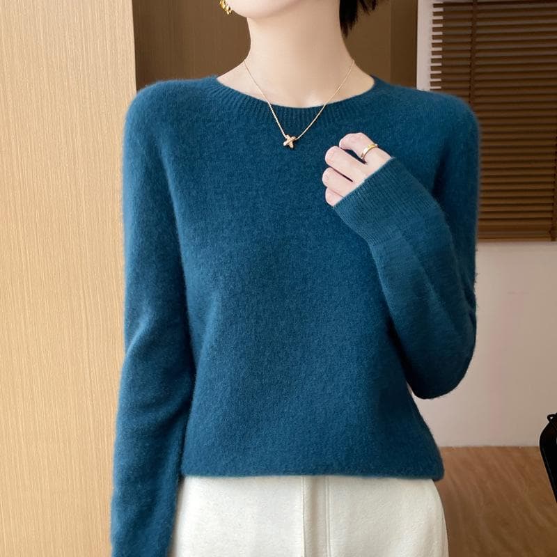 Women's 100% Pure Wool Loose Knitted Pullover Sweater for Autumn/Winter crew neck, M